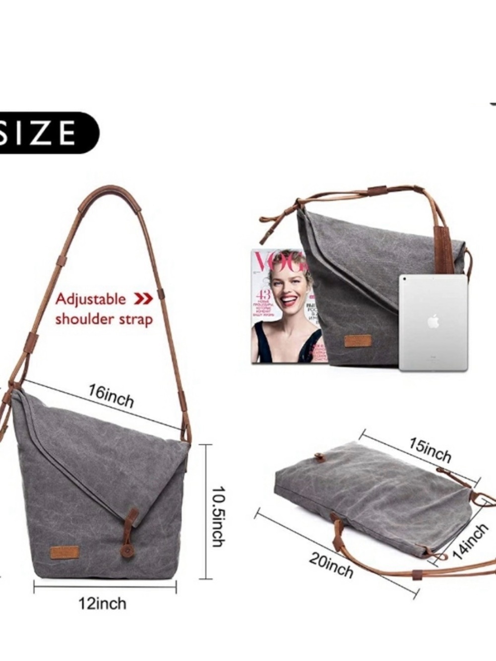 TOM CLOVERS GRAY CANVAS LEATHER STRAP LINED MESSENGER CROSSBODY TOTE BAG - Picture 10 of 10